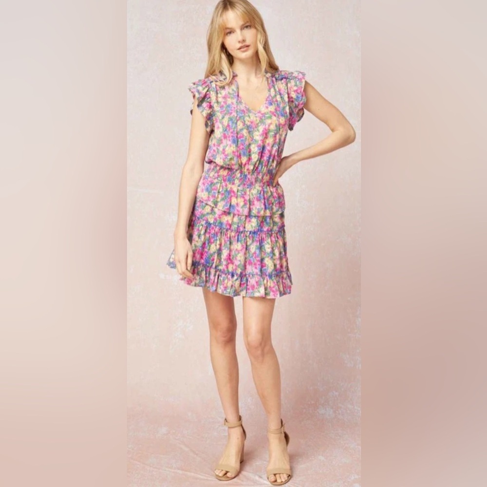 Entro Multicolor Floral Split V neck with Dainty Self Tie Mini Dress